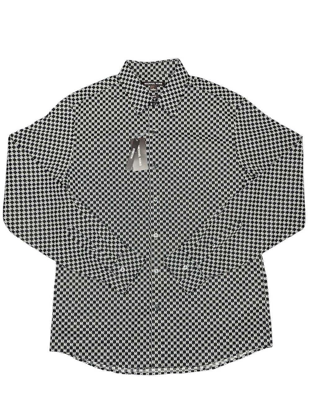 Michael Kors Slim Fit Stretch Button-Up Shirt Black MK Logo Pattern Men’s Size L